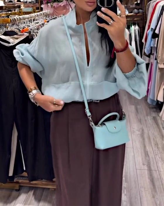 Manteau Unie Col Haut Fermeture Éclair