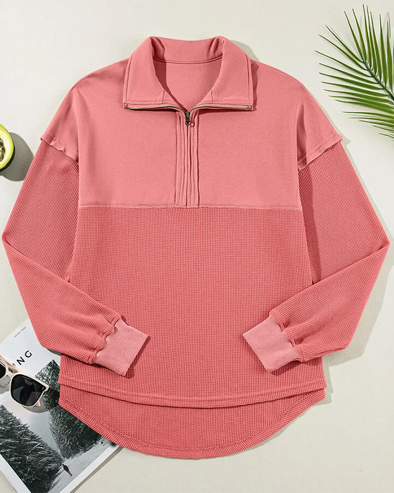 Sweatshirt Demi Fermeture Éclair Gaufré Patchwork