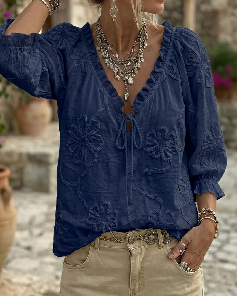 Blouse 100% Coton Col-V Enveloppante À Nœud Volantée