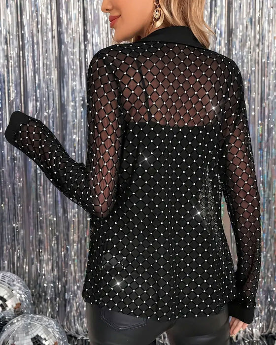 Chemise Scintillante À Col À Revers Et Manches Longues