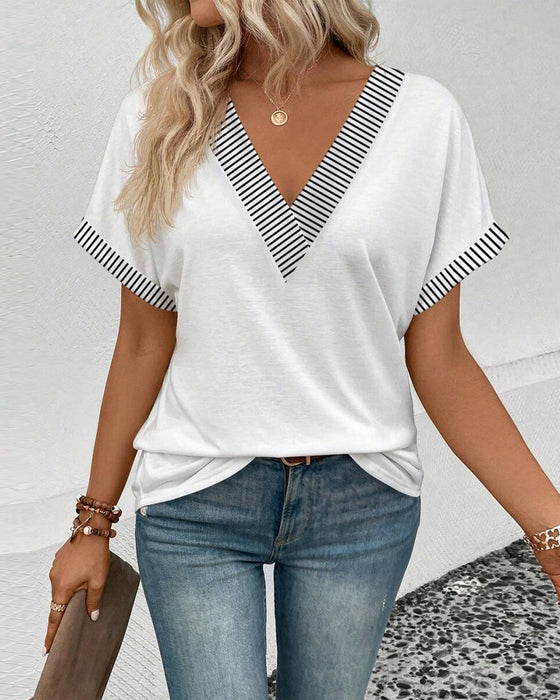 Blouse Col En V Rayée Contraste Décontractée
