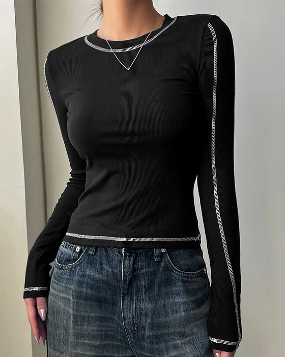 Haut Élégant Col Rond Slim Fit Manches Longues