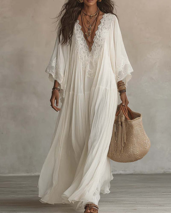 Robe Col V Dentelle Patchwork Unie