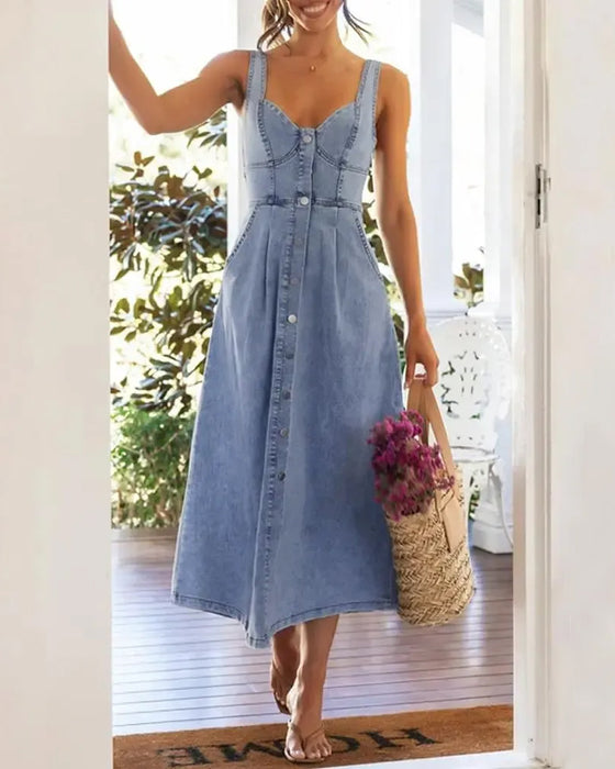 Robe Bretelle Spaghetti Bouton Taille Cintrée Denim