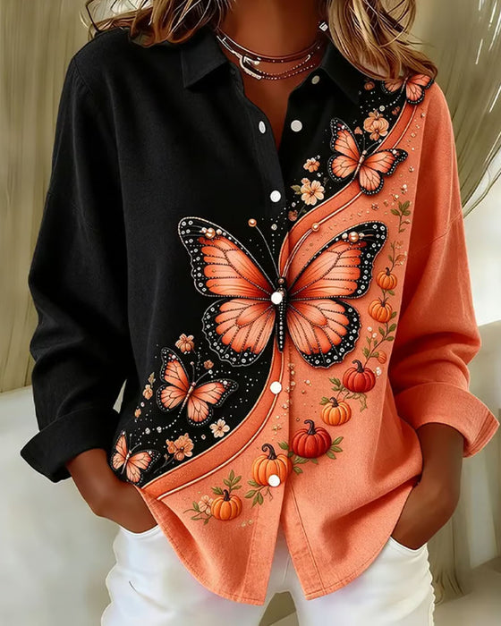 Chemise Bloc De Couleur Papillon Imprimé Revers