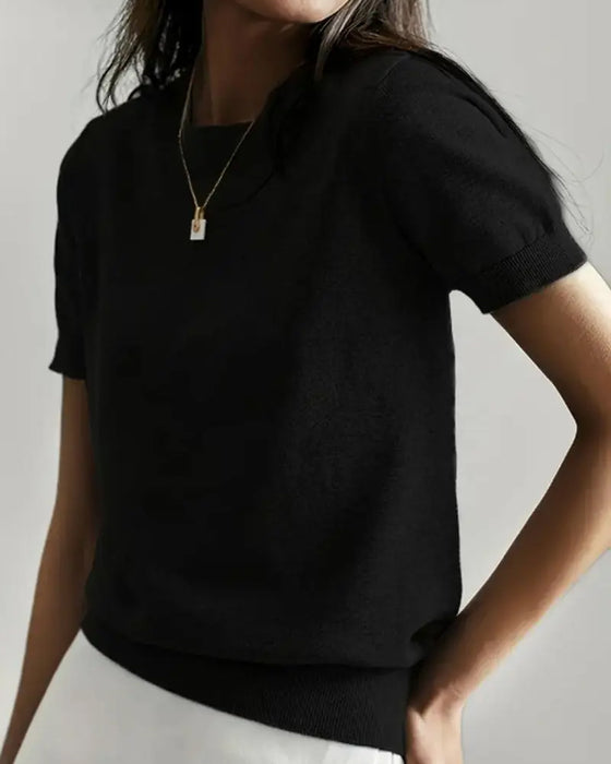 Pull-Over Col Rond Manches Courtes Tissu Fin Tissé