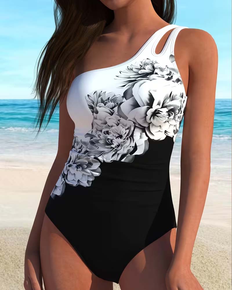 Maillot De Bain Une Pièce Imprimé Pétale Une Épaule