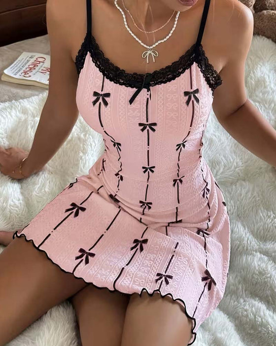 Robe De Nuit Dentelle Nœud Imprimé