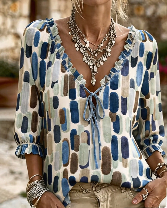 Blouse Bloc De Couleur Volant Attache Col V