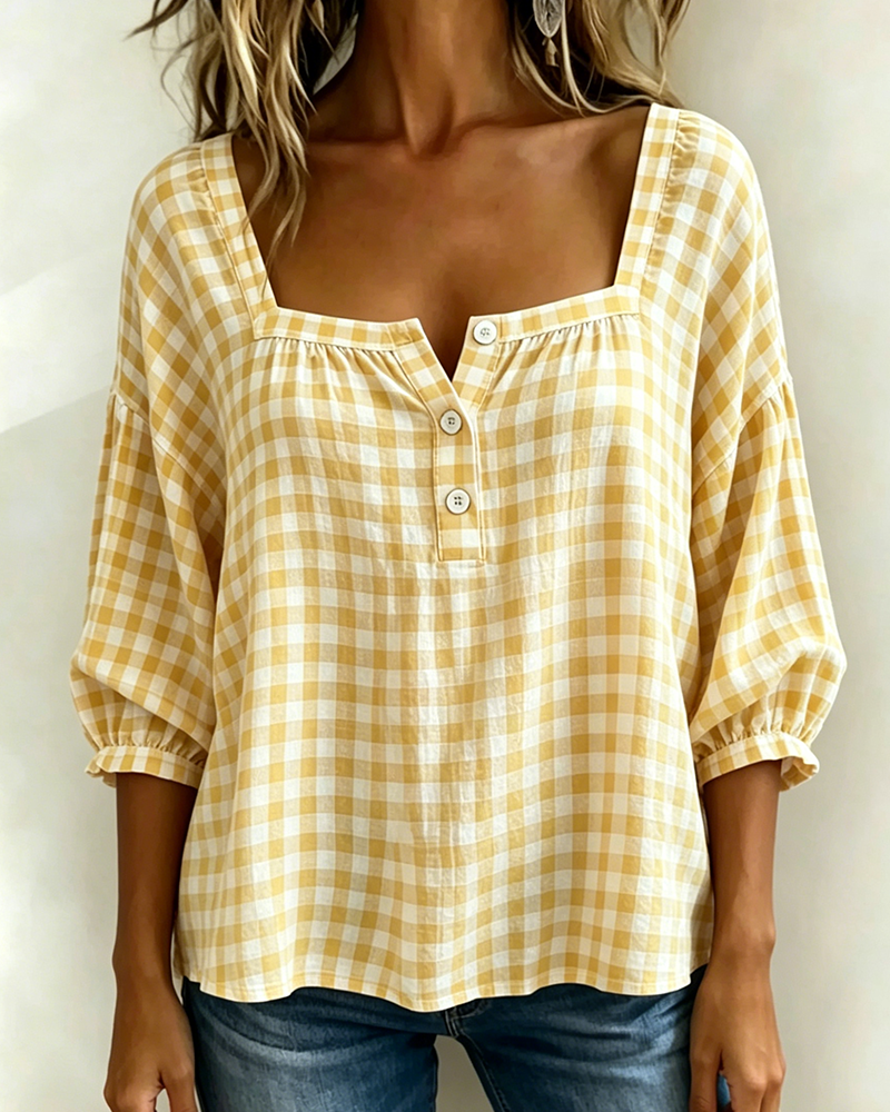 Blouse Col Carré Boutonnage Ecossais