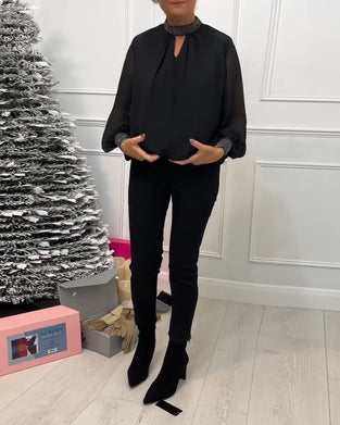 Chemisier à col montant ajouré en patchwork de couleur unie