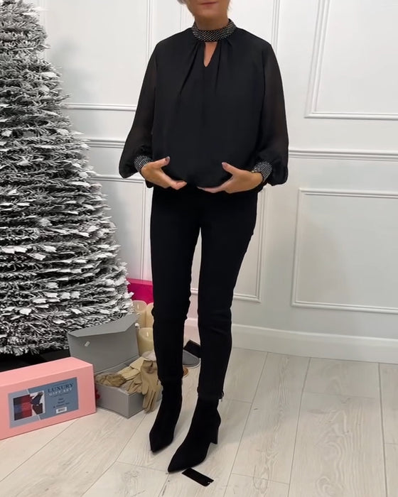 Chemisier à col montant ajouré en patchwork de couleur unie