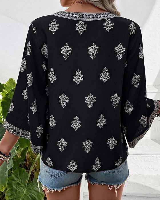 Blouse Col En V Ethnique Lâche