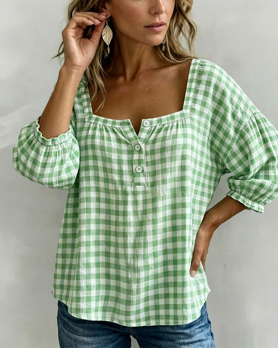 Blouse Col Carré Boutonnage Ecossais