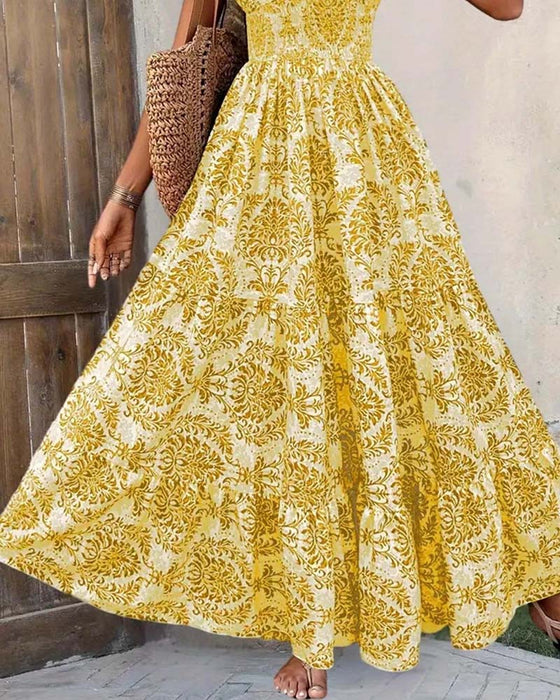 Robe Rétro Imprimé Col En V Taille Cintrée Longue
