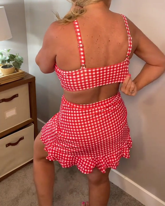 Maillot de bain deux pièces décontracté à bretelles et imprimé à carreaux