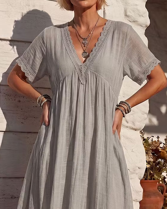 Robe Col En V Froncée Dentelle Patchwork