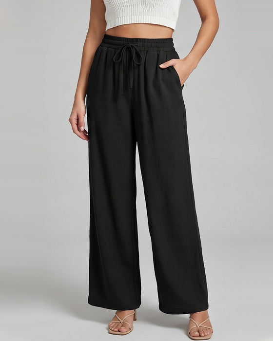 Pantalon Taille Élastique Jambe Large Attacher Décontracté