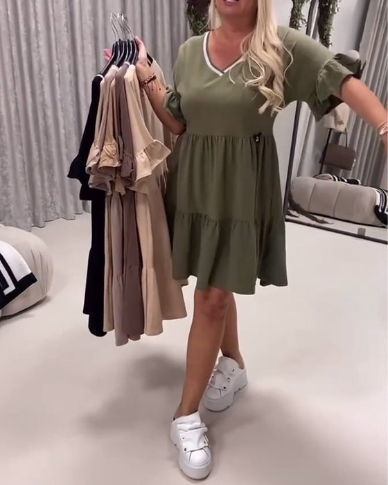 Robe Col En V Manche À Volants Coupe A