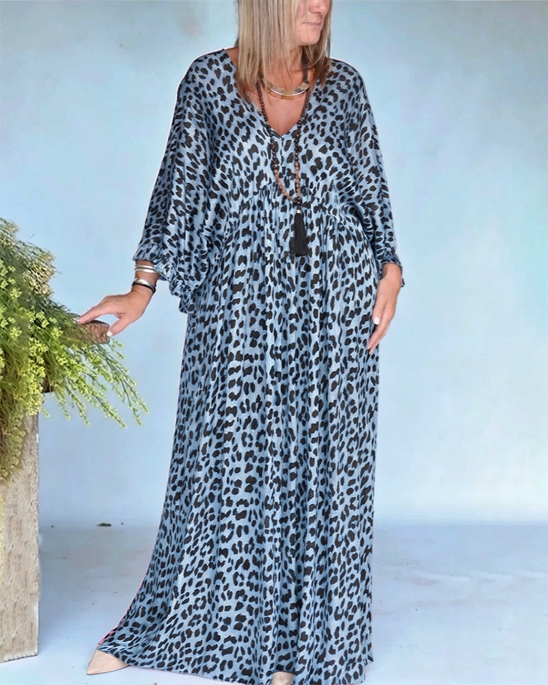 Robe Col En V Imprimé Léopard Coupe Loose Décontractée