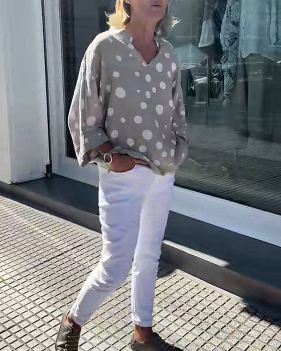 Blouse Col En V À Pois Manches Mi-Longues