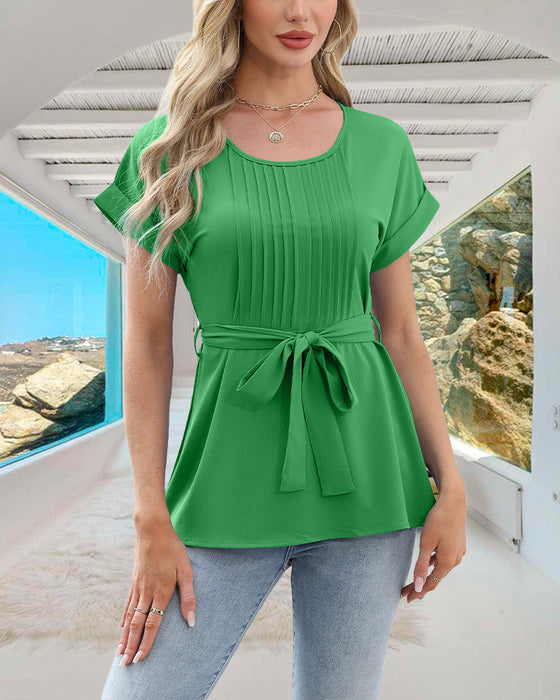 Blouse Plissée Col Rond Unie Avec Nœud
