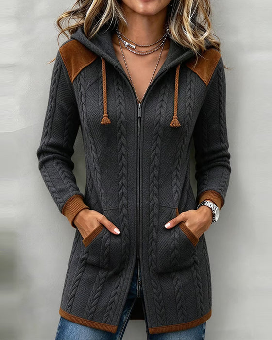Manteau Blocs De Couleurs Tresse À Capuche Fermeture Éclair