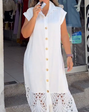 Robe Sans Manches Chemise Ourlet Dentelle Longue