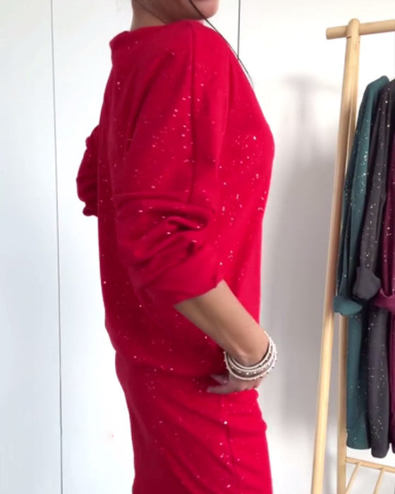 Robe Col Rond Paillettes Fines À La Mode