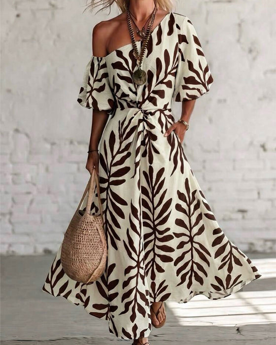 Robe Une-Épaule Motif Feuilles Taille