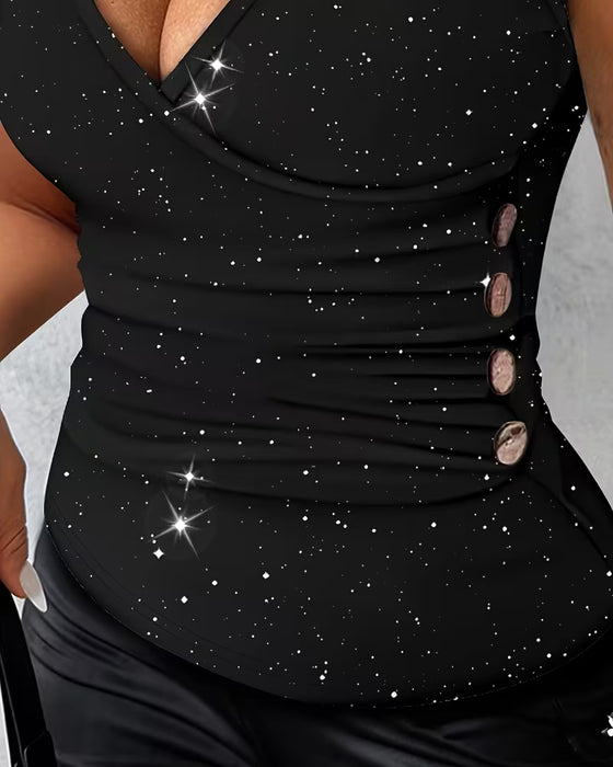 T-Shirt Sexy Col V Bouton Métallique