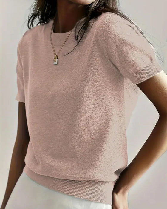 Pull-Over Col Rond Manches Courtes Tissu Fin Tissé