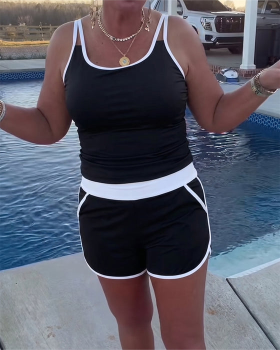 Tankini Avec Contraste De Couleur Passepoil Appliqué