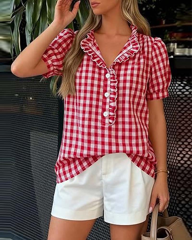 Blouse À Carreaux Bouffante Manches Courtes