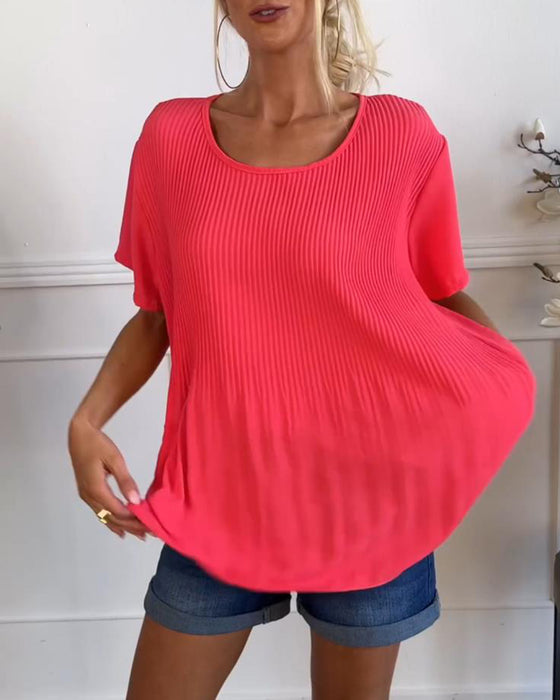 Blouse plissée col rond uni