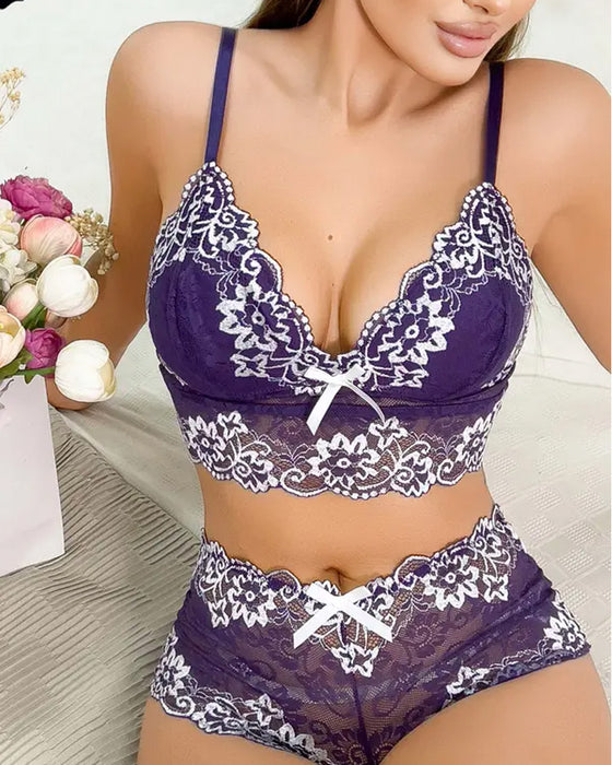 Ensemble Deux Pièces En Dentelle Florale Pour Femme Avec Soutien-Gorge Push-Up Et Culotte