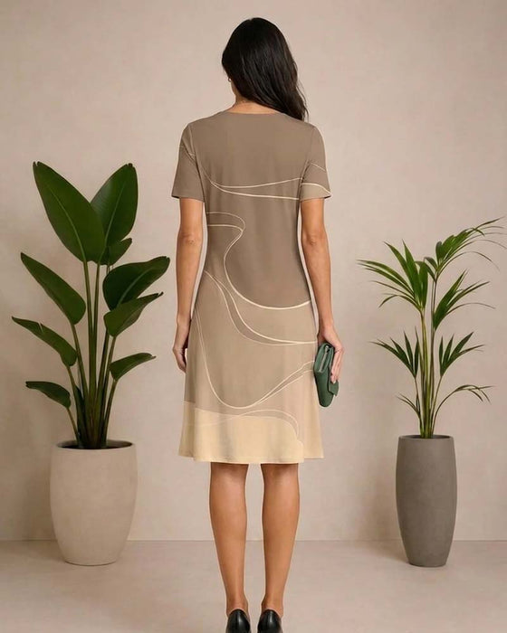 Robe Encolure Ronde Ligne Imprimé Contrastant A-Ligne