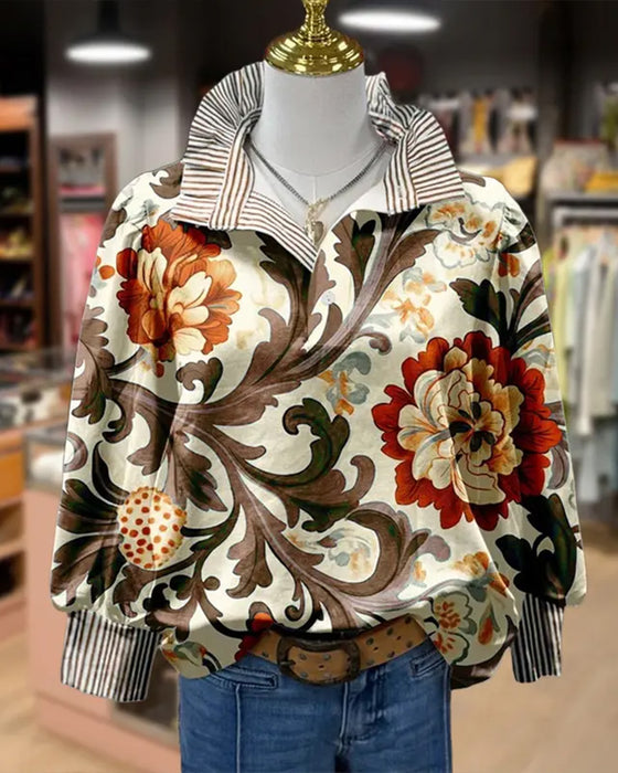 Blouse Vintage Fleurie Patchwork Rayée Col