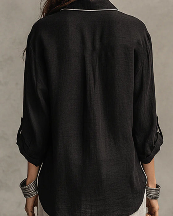 Chemise Col En V Contraste Ligne Décontractée