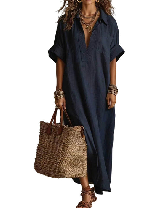 Robe Lâche Unie Manche Courte Maxi