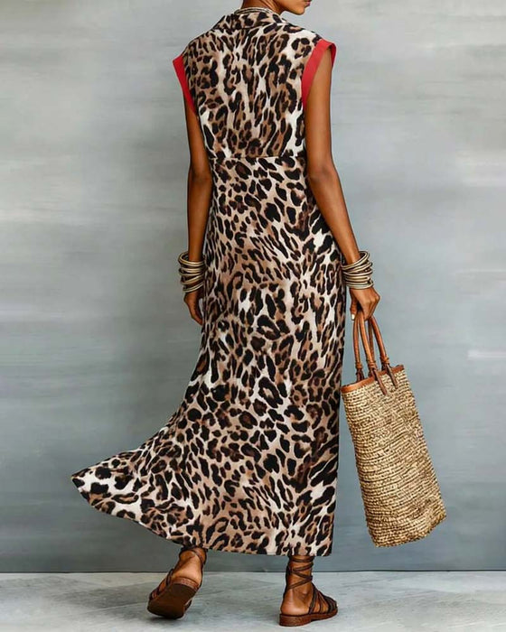 Robe Revers Léopard Imprimé Contraste Maxi