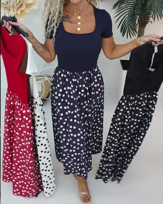 Robe Col Carré Polka Dot Patchwork