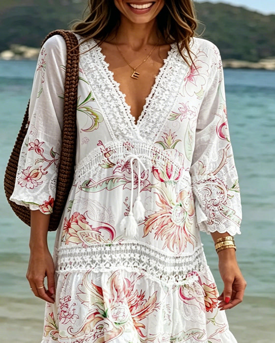 Robe Col V Dentelle Cravate Imprimé