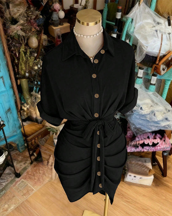 Robe Attacher Bouton Plissé Col Chemise