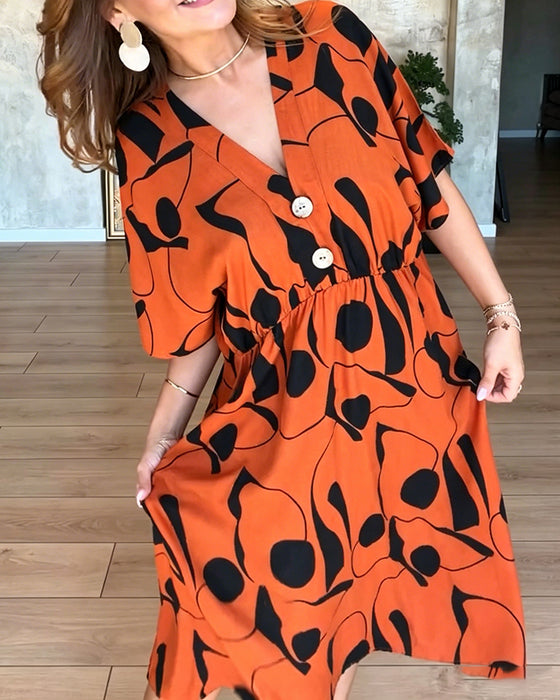 Robe Col En V Bouton Taille Haute Évasée
