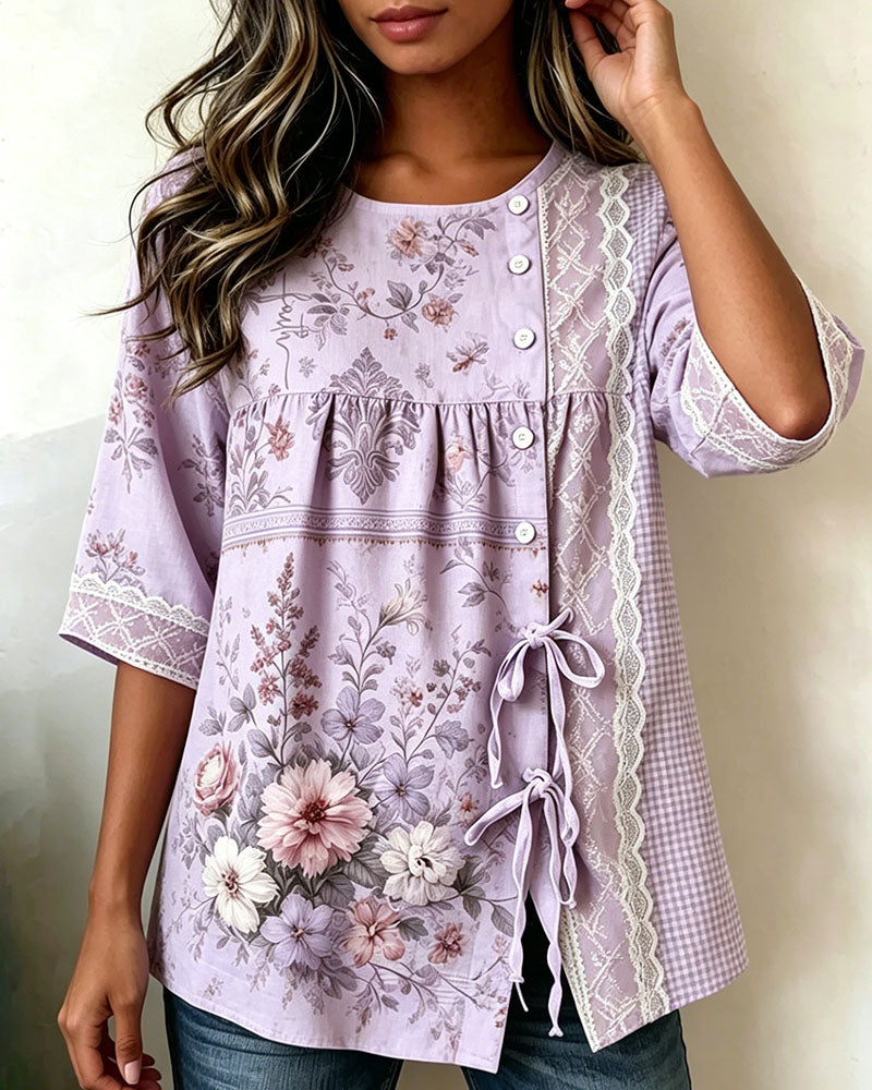 Blouse Imprimé Floral Rétro Décontractée
