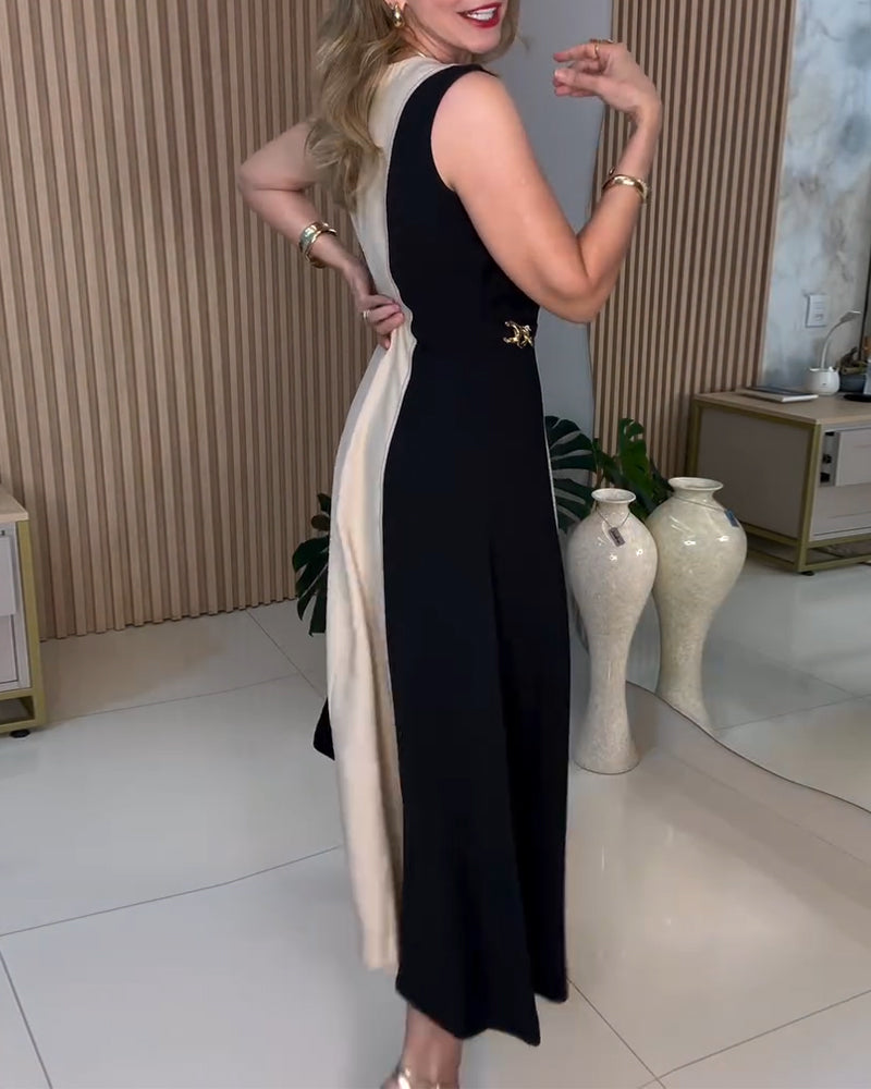 Robe Sans Manches Couleur Contrastante Élégant Taille