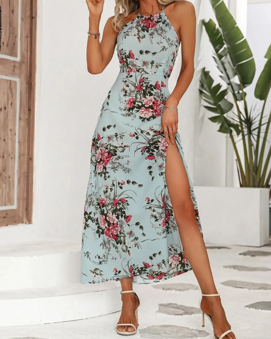 Robe Halterneck Fente Tailleur Imprimé Fleuri