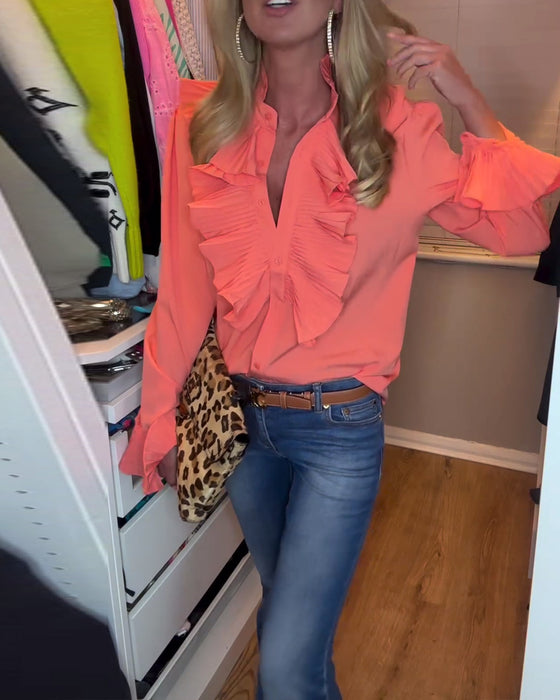 Haut à manches longues de couleur unie à volants patchwork