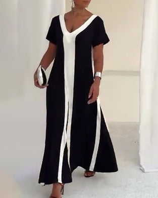 Robe Tempérament Col V Couleur Contrastée